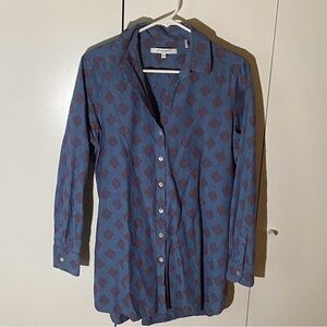 Foxcroft Tunic-Style Button Up Shirt. Blue with Red Embroidery Detail. Size 10